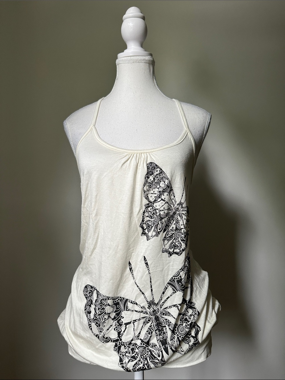 HAVE White Y2K Boho Butterfly Gem Embellished Draped Back Tank Top Large